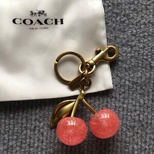 Coach Glittery Pink Cherry Keychain with Gold Accents